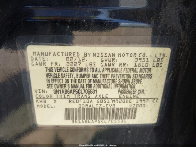 Aukcja sprzedaży 2012 Nissan Sentra 2.0 Sr, vin: 3N1AB6AP5CL705531, numer aukcji: 45270228