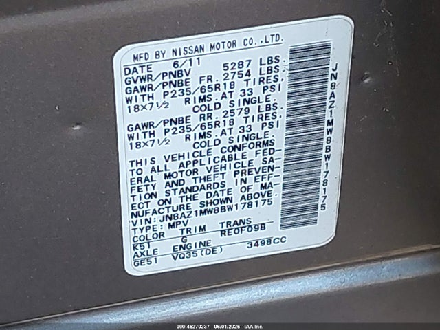 Продажа на аукционе авто 2011 Nissan Murano S, vin: JN8AZ1MW8BW178175, номер лота: 45270237