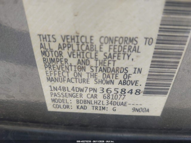 1N4BL4DW7PN365848 Nissan Altima Sv Intelligent Awd
