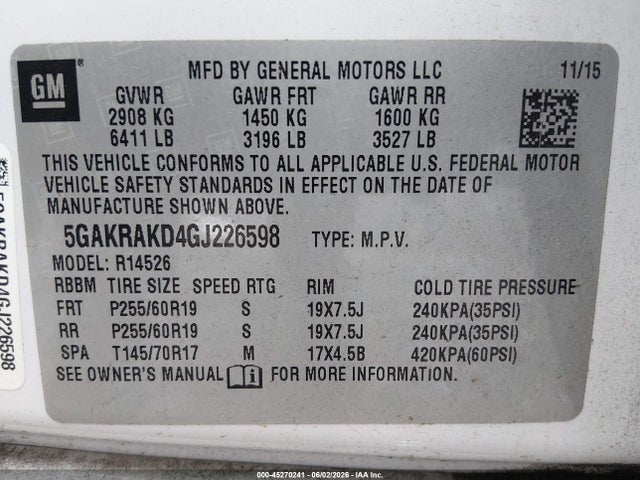 45270241 :رقم المزاد ، 5GAKRAKD4GJ226598 vin ، 2016 Buick Enclave Convenience مزاد بيع