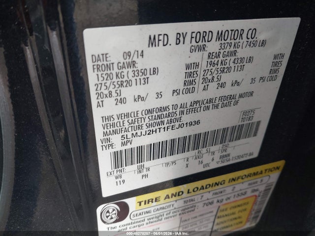 2015 Lincoln Navigator მანქანა იყიდება აუქციონზე, vin: 5LMJJ2HT1FEJ01936, აუქციონის ნომერი: 45270257