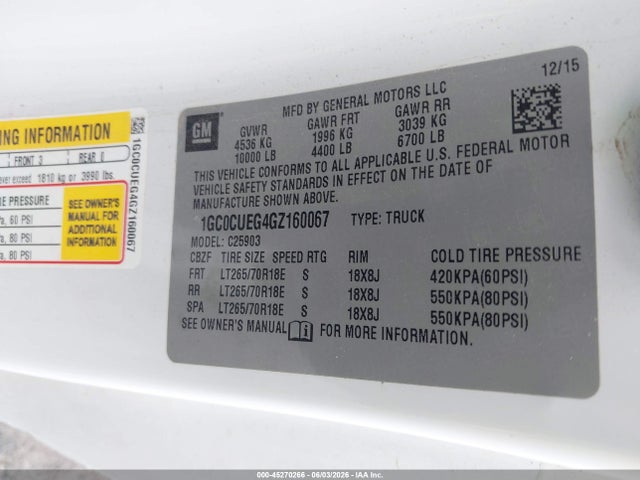 45270266 :رقم المزاد ، 1GC0CUEG4GZ160067 vin ، 2016 Chevrolet Silverado 2500hd Wt مزاد بيع
