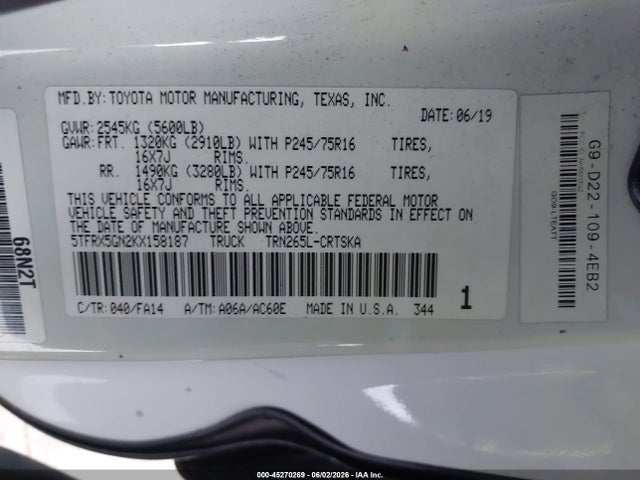 Продаж на аукціоні авто 2019 Toyota Tacoma Sr, vin: 5TFRX5GN2KX158187, номер лоту: 45270269