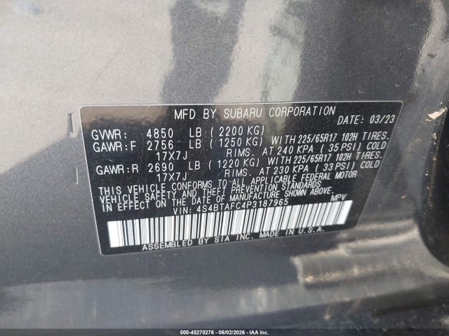 Aukcja sprzedaży 2023 Subaru Outback Premium, vin: 4S4BTAFC4P3187965, numer aukcji: 45270276