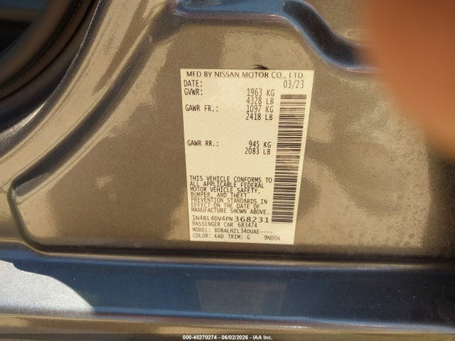 Aukcja sprzedaży 2023 Nissan Altima Sv Fwd, vin: 1N4BL4DV4PN368231, numer aukcji: 45270274