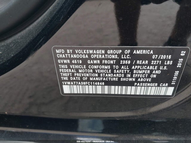 Aukcja sprzedaży 2015 Volkswagen Passat 1.8t Limited Edition, vin: 1VWAT7A38FC114846, numer aukcji: 45270297