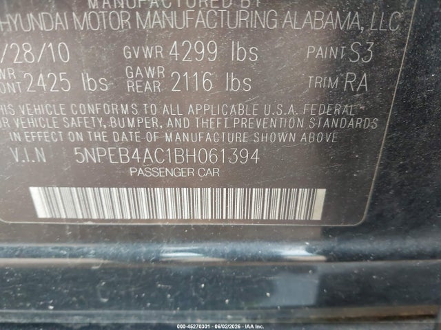 2011 Hyundai Sonata Gls მანქანა იყიდება აუქციონზე, vin: 5NPEB4AC1BH061394, აუქციონის ნომერი: 45270301