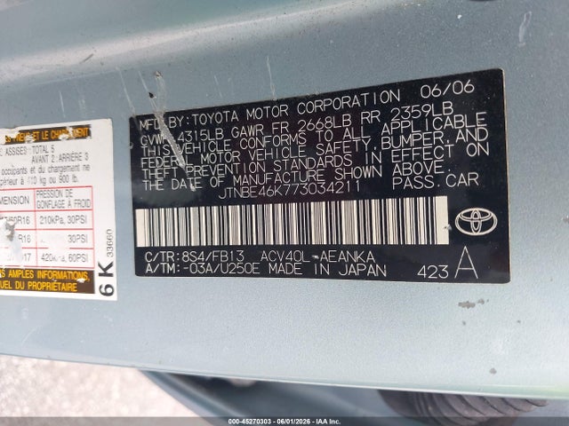 Aukcja sprzedaży 2007 Toyota Camry Le, vin: JTNBE46K773034211, numer aukcji: 45270303