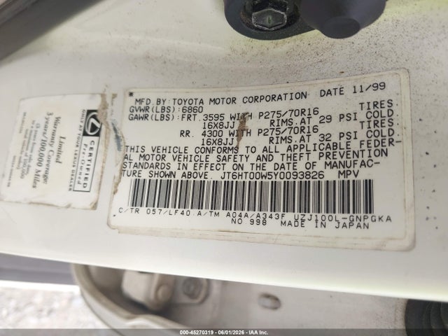 45270319 :رقم المزاد ، JT6HT00W5Y0093826 vin ، 2000 Lexus Lx 470 مزاد بيع