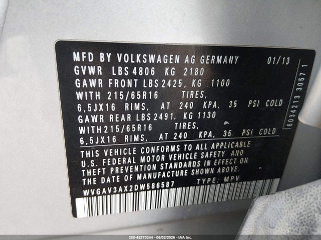 Aukcja sprzedaży 2013 Volkswagen Tiguan S, vin: WVGAV3AX2DW586587, numer aukcji: 45270344