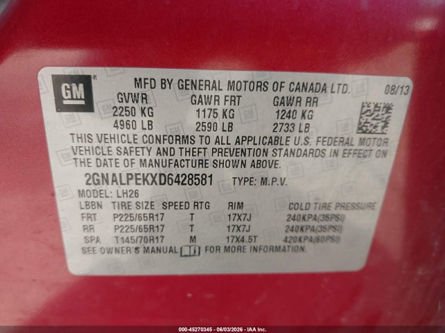 Aukcja sprzedaży 2013 Chevrolet Equinox 2lt, vin: 2GNALPEKXD6428581, numer aukcji: 45270345