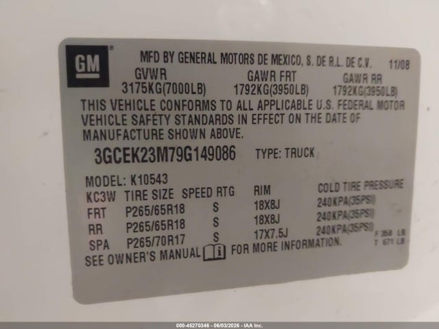 Продажа на аукционе авто 2009 Chevrolet Silverado 1500 Lt, vin: 3GCEK23M79G149086, номер лота: 45270346