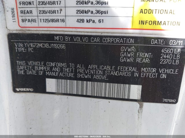 2011 Volvo C70 T5 მანქანა იყიდება აუქციონზე, vin: YV1672MCXBJ119266, აუქციონის ნომერი: 45270364
