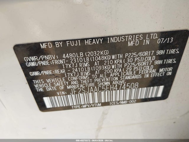 Продаж на аукціоні авто 2014 Subaru Forester 2.5i, vin: JF2SJAAC5EH474508, номер лоту: 45270372