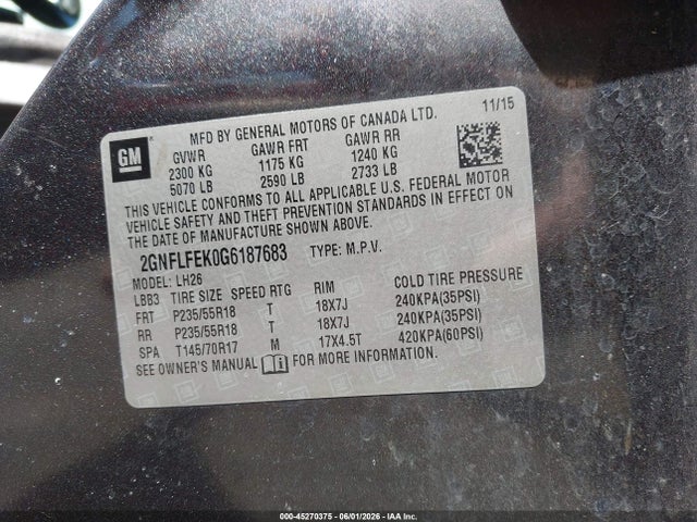 Auction sale of the 2016 Chevrolet Equinox Lt, vin: 2GNFLFEK0G6187683, lot number: 45270375