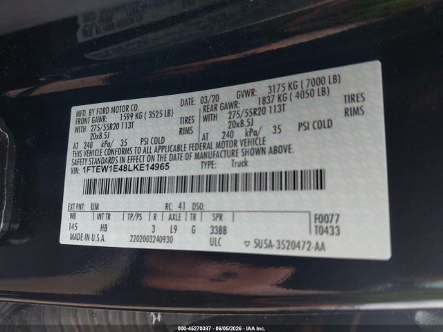 Ford F-150 Lariat 2020 1FTEW1E48LKE14965 Image 9