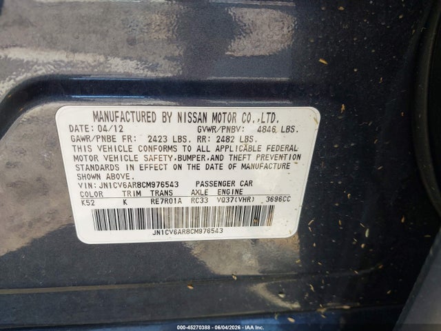 2012 Infiniti G37x მანქანა იყიდება აუქციონზე, vin: JN1CV6AR8CM976543, აუქციონის ნომერი: 45270388