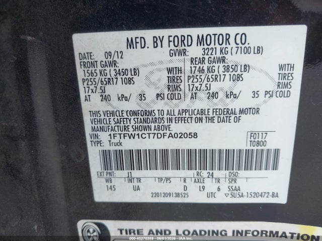 45270389 :رقم المزاد ، 1FTFW1CT7DFA02058 vin ، 2013 Ford F-150 Xlt مزاد بيع