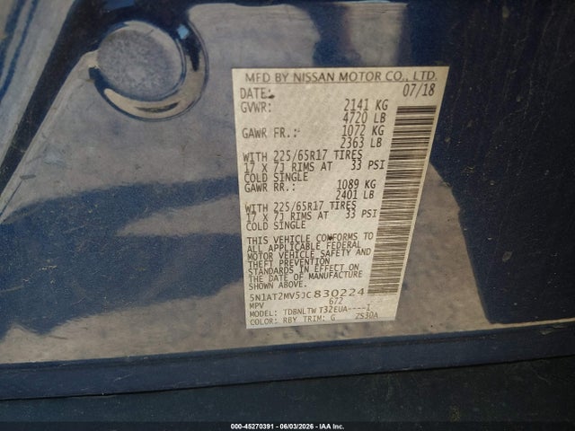 Aukcja sprzedaży 2018 Nissan Rogue Sv, vin: 5N1AT2MV5JC830224, numer aukcji: 45270391