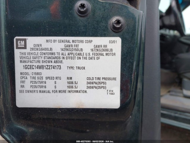 2001 Chevrolet Silverado 1500 მანქანა იყიდება აუქციონზე, vin: 1GCEC14W81Z274173, აუქციონის ნომერი: 45270393