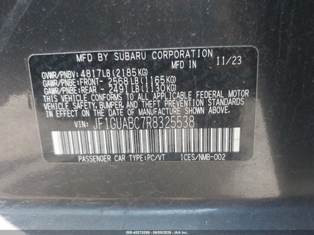 45270399 :رقم المزاد ، JF1GUABC7R8325538 vin ، 2024 Subaru Impreza Base 5-door مزاد بيع