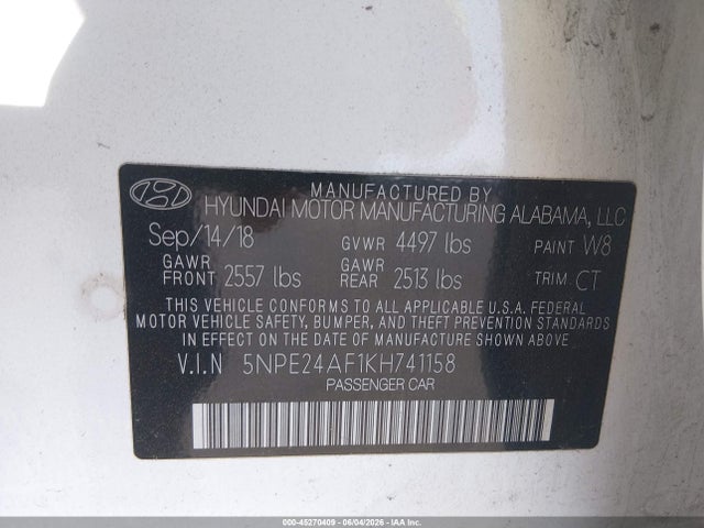 45270409 :رقم المزاد ، 5NPE24AF1KH741158 vin ، 2019 Hyundai Sonata Se مزاد بيع