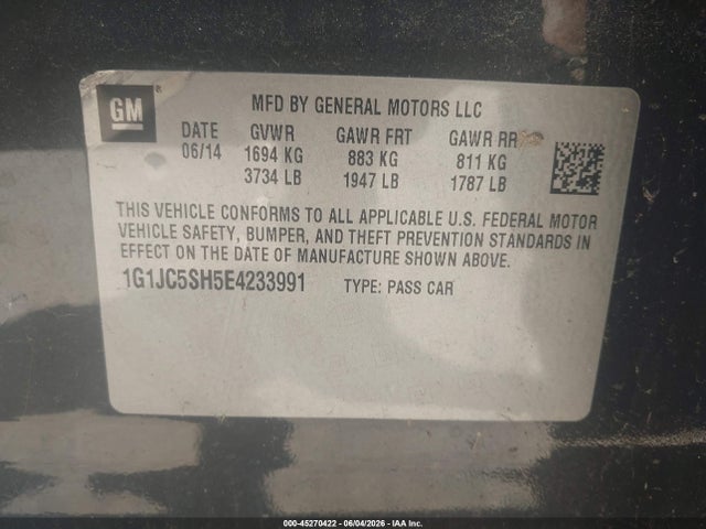 45270422 :رقم المزاد ، 1G1JC5SH5E4233991 vin ، 2014 Chevrolet Sonic Lt Auto مزاد بيع