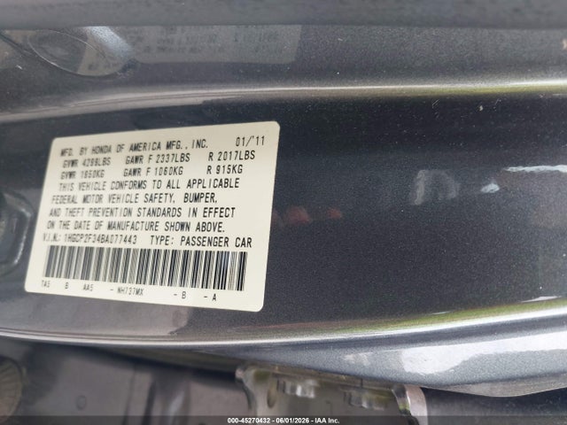 45270432 :رقم المزاد ، 1HGCP2F34BA077443 vin ، 2011 Honda Accord 2.4 Lx مزاد بيع