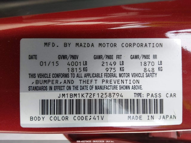 Aukcja sprzedaży 2015 Mazda Mazda3 I Sport, vin: JM1BM1K72F1258794, numer aukcji: 45270435