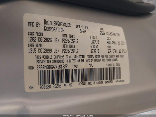 45270444 :رقم المزاد ، 2A8GM68X07R161822 vin ، 2007 Chrysler Pacifica Touring مزاد بيع