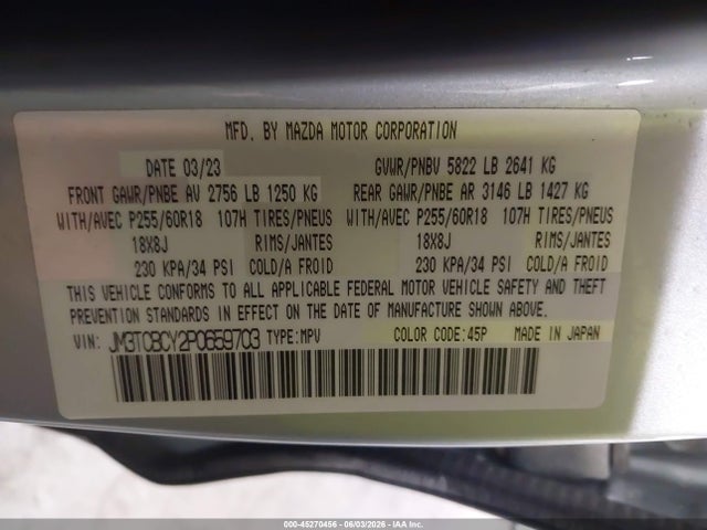 Aukcja sprzedaży 2023 Mazda Cx-9 Touring, vin: JM3TCBCY2P0659703, numer aukcji: 45270456
