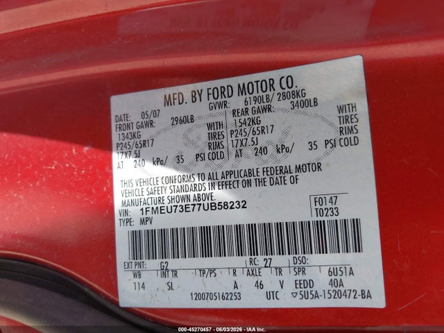 Aukcja sprzedaży 2007 Ford Explorer Xlt, vin: 1FMEU73E77UB58232, numer aukcji: 45270457