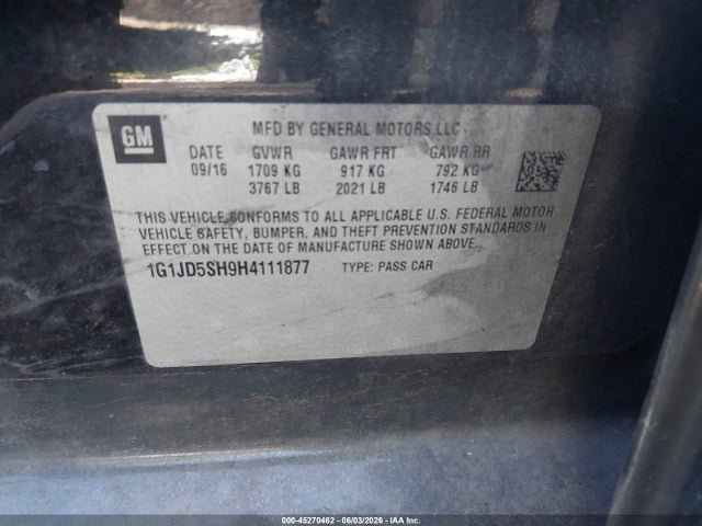 Продажа на аукционе авто 2017 Chevrolet Sonic Lt Auto, vin: 1G1JD5SH9H4111877, номер лота: 45270462