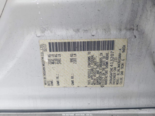 Aukcja sprzedaży 2017 Nissan Maxima 3.5 Sv, vin: 1N4AA6AP3HC413207, numer aukcji: 45270469