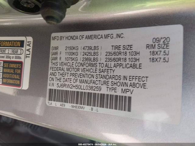 Продажа на аукционе авто 2020 Honda Cr-v Awd Ex, vin: 5J6RW2H50LL038259, номер лота: 45270474