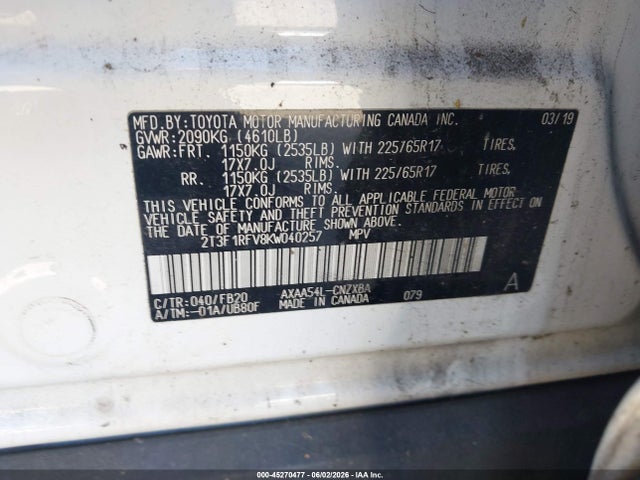 45270477 :رقم المزاد ، 2T3F1RFV8KW040257 vin ، 2019 Toyota Rav4 Le مزاد بيع