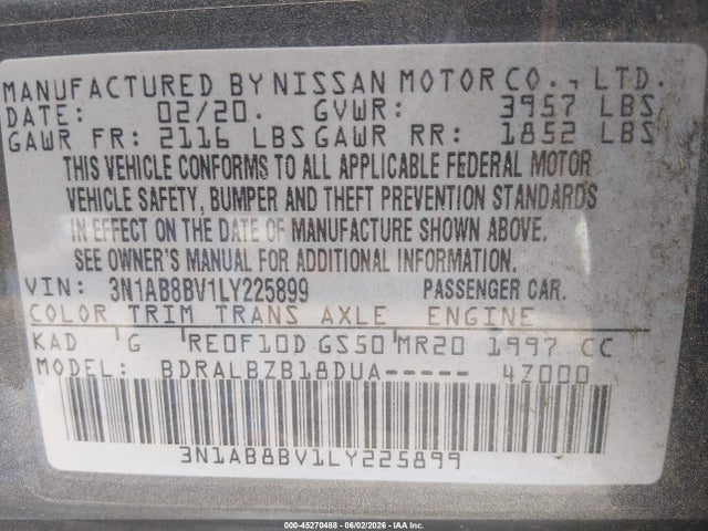 Aukcja sprzedaży 2020 Nissan Sentra S Xtronic Cvt, vin: 3N1AB8BV1LY225899, numer aukcji: 45270488