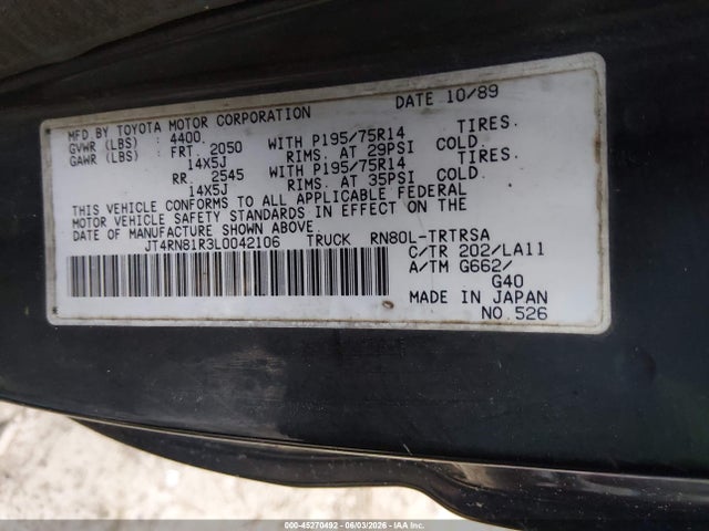 Aukcja sprzedaży 1990 Toyota Pickup 1/2 Ton Short Wheelbase, vin: JT4RN81R3L0042106, numer aukcji: 45270492