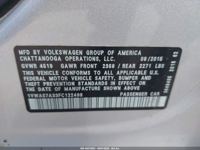 Aukcja sprzedaży 2015 Volkswagen Passat 1.8t Limited Edition, vin: 1VWAS7A33FC122498, numer aukcji: 45270503