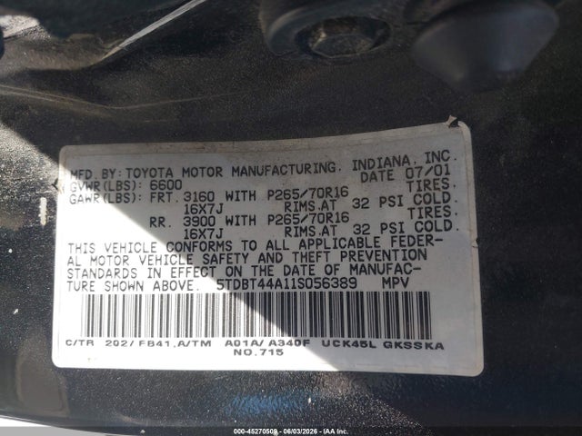 Aukcja sprzedaży 2001 Toyota Sequoia Sr5 V8, vin: 5TDBT44A11S056389, numer aukcji: 45270509