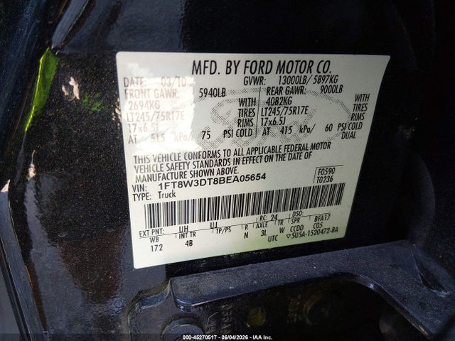 45270517 :رقم المزاد ، 1FT8W3DT8BEA05654 vin ، 2011 Ford F-350 Lariat مزاد بيع