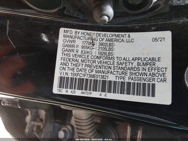 2021 Honda Civic Ex-l მანქანა იყიდება აუქციონზე, vin: 19XFC1F73ME013821, აუქციონის ნომერი: 45270520