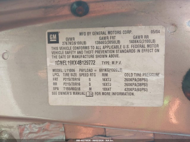 Продажа на аукционе авто 2004 Chevrolet Astro, vin: 1GNEL19XX4B129772, номер лота: 45270526