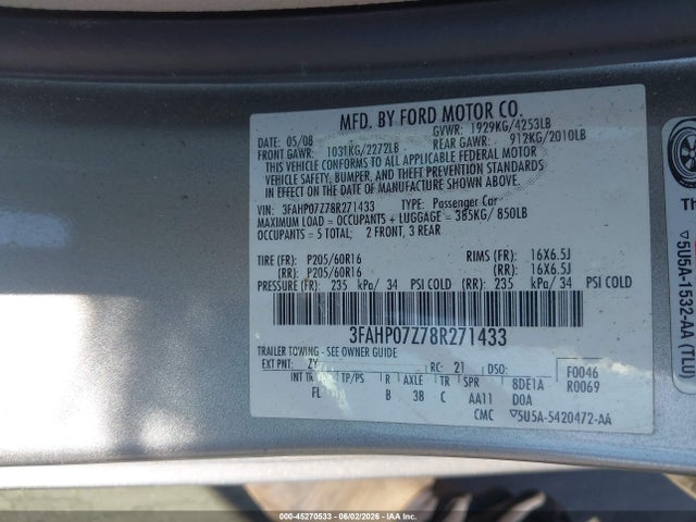 Aukcja sprzedaży 2008 Ford Fusion Se, vin: 3FAHP07Z78R271433, numer aukcji: 45270533