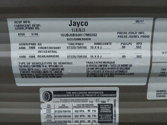 2017 Jayco Jayfl184bh მანქანა იყიდება აუქციონზე, vin: 1UJBJ0BS0H17M0352, აუქციონის ნომერი: 45270547