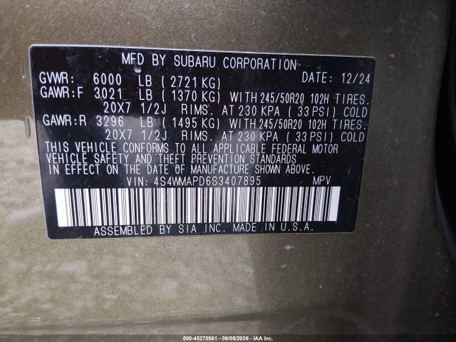 45270561 :رقم المزاد ، 4S4WMAPD6S3407895 vin ، 2025 Subaru Ascent Limited 7-passenger مزاد بيع