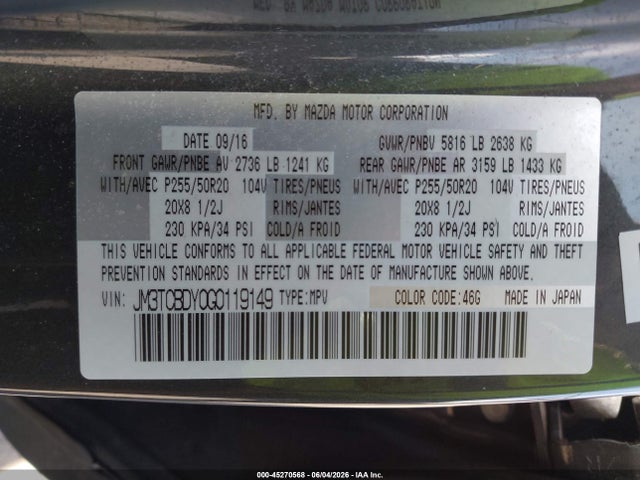 Aukcja sprzedaży 2016 Mazda Cx-9 Grand Touring, vin: JM3TCBDY0G0119149, numer aukcji: 45270568