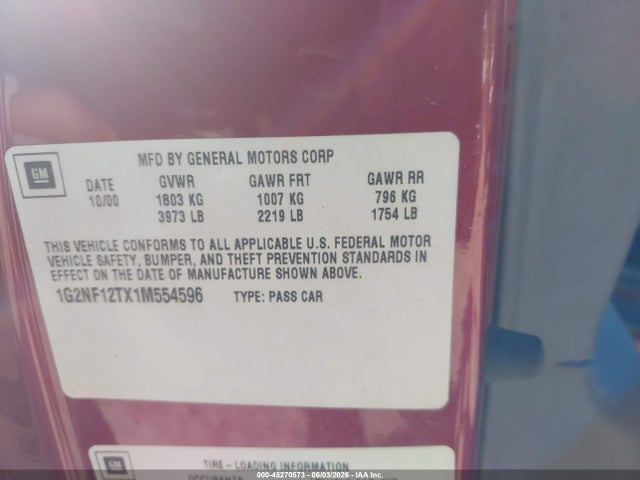 2001 Pontiac Grand Am Se1 მანქანა იყიდება აუქციონზე, vin: 1G2NF12TX1M554596, აუქციონის ნომერი: 45270573