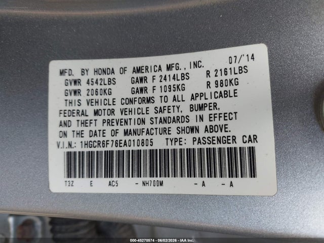 Aukcja sprzedaży 2014 Honda Accord Hybrid Touring, vin: 1HGCR6F76EA010805, numer aukcji: 45270574