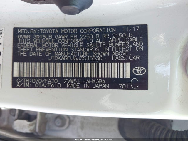2018 Toyota Prius მანქანა იყიდება აუქციონზე, vin: JTDKARFU6J3545530, აუქციონის ნომერი: 45270580